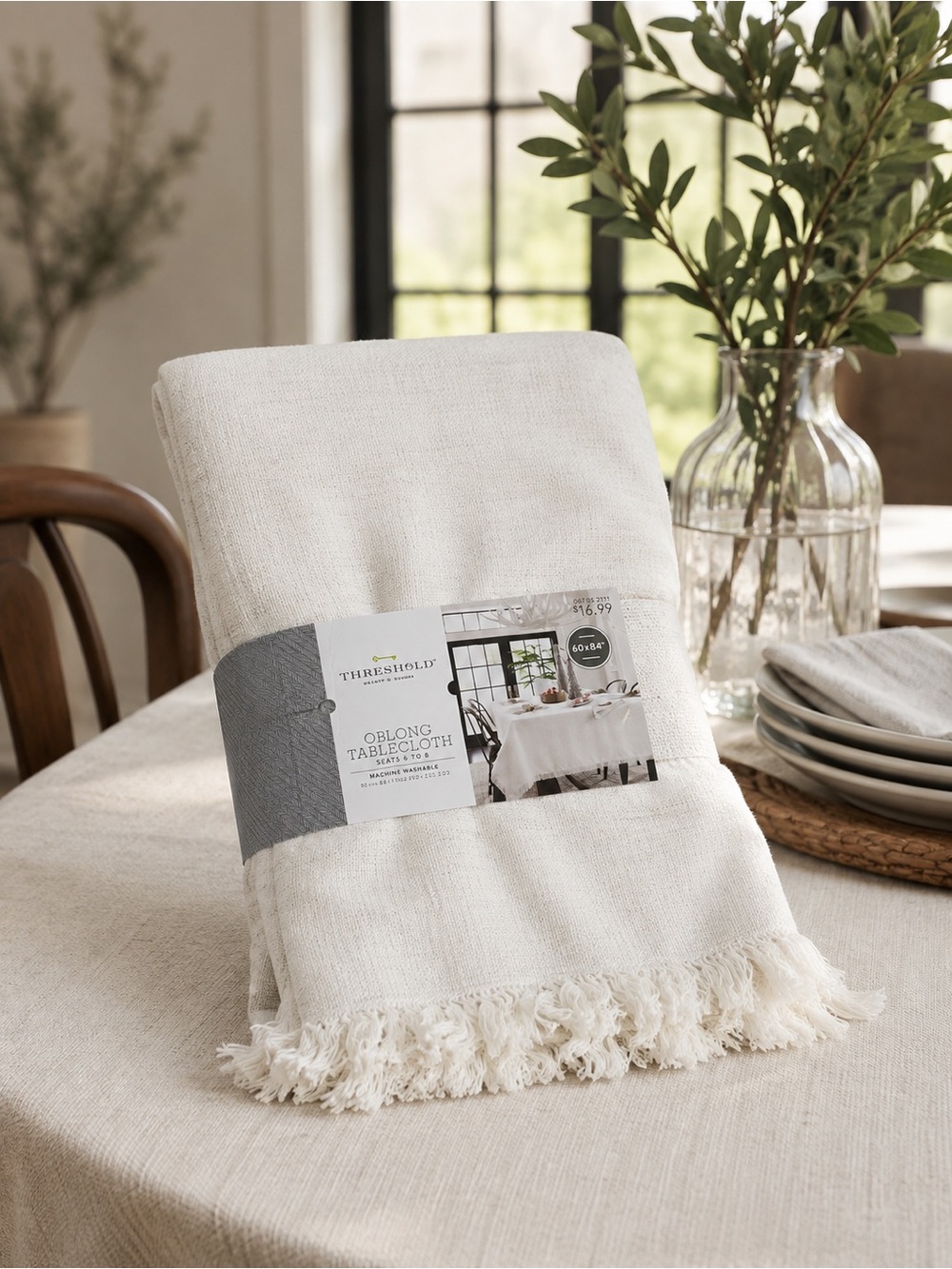 Threshold Cream Oblong Tablecloth with Fringe Trim